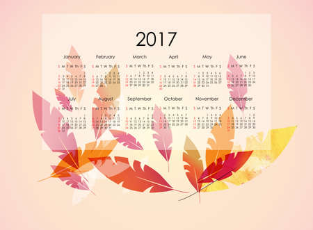 Colorful calendar planner for 2017 vector illustration. Stationery design template, week starts Sunday. Decorative feathers background for calendar, planner, events, news, schedule, personal organizerのイラスト素材