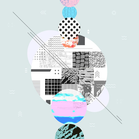 Different textures and shapes artistic vector illustration collage. Colorful abstract graphic...