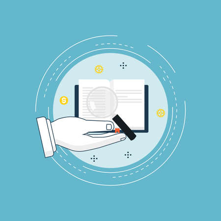 E-book with magnifier flat line vector illustration design. Online education, book, training, course, online tutorial, online research, internet library. Icon design for web bannersのイラスト素材