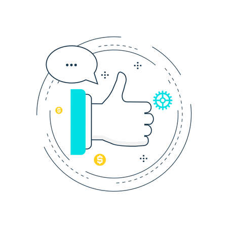 Thumbs up gesture, online chat, comments, favorites and recommendation flat line vector illustration design for web banners and applications.のイラスト素材