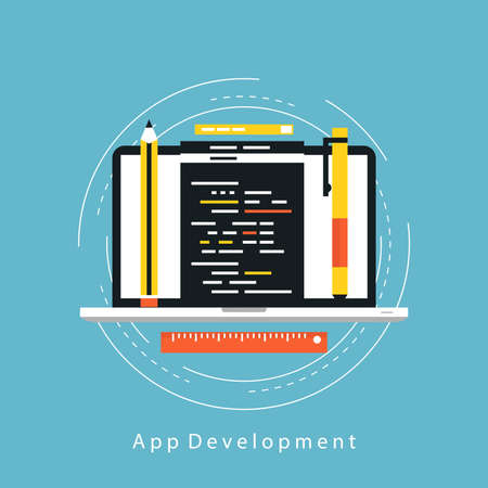 Application development with API interface flat vector illustration design. Technology concept for software API prototyping and testing. Design for web banners and appsのイラスト素材