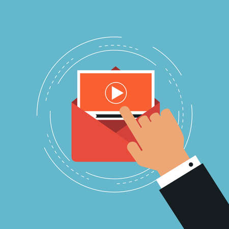Video marketing and promotion flat vector illustration design. Online promotion, digital marketing, advertising, video tutorials, online training and courses. Design for web banners and appsのイラスト素材