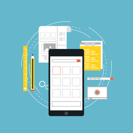 Software API prototyping and testing for smartphone flat vector illustration design. Smartphone user...