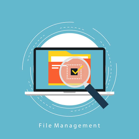 File management and organization flat vector illustration design. Files optimization and synchronization, content management system. Design for web banners and appsのイラスト素材