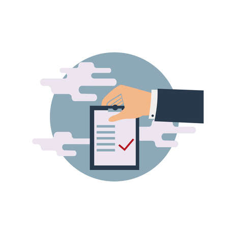 Businessman holding evaluation card, vector illustration.のイラスト素材