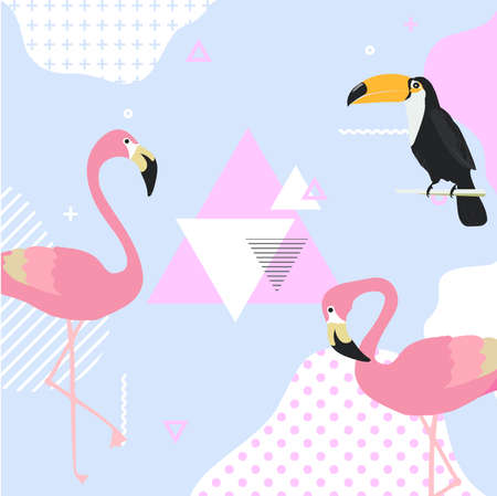 Trendy pastel background with flamingo and toucan. Summer vector illustration design with geometric elementsのイラスト素材