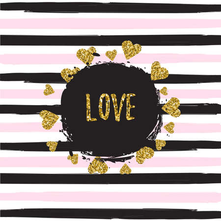 Gold glittering hearts pattern on striped background with love banner vector illustration. Pattern texture. Modern cover design. Template backgroundのイラスト素材