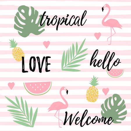 Tropical background with flamingos watermelon and pineapples. Summer vector illustration design. Flamingo background. Monstera leaves banner. Exotic background posterのイラスト素材