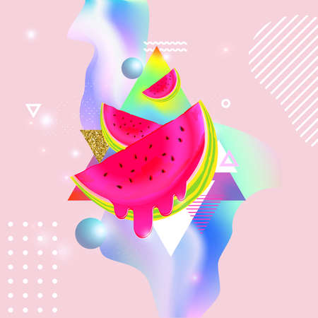 Fluid multicolored background with watermelon vector illustration. Fluid color cover design with geometric shapes and watermelons. Colorful food pattern texture. Template backgroundのイラスト素材
