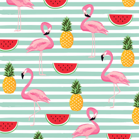 Pineapple, watermelon and flamingo with stripes seamless pattern background. Cute poster design....