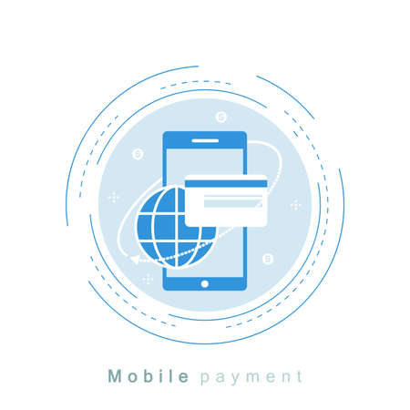Mobile payment, money transfer, online payment transfer flat line vector illustration design. Business and finance design for web banners and appsのイラスト素材
