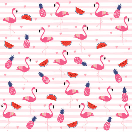 Flamingos with stripes seamless pattern background. Tropical poster design. Flamingos art print. Wallpaper, fabric, textile, wrapping paper vector illustration designのイラスト素材