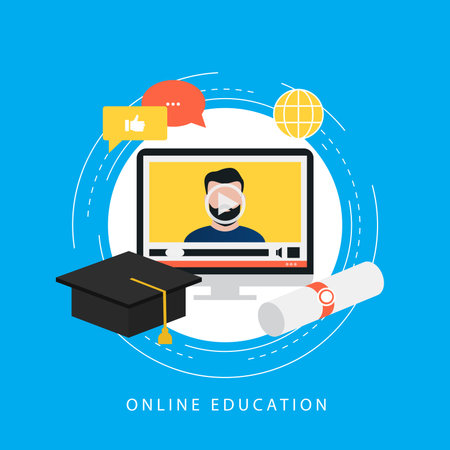 Education, e-learning, online courses, tutorials, online class, video training, university degree flat vector ilustration design for web banners and appsのイラスト素材