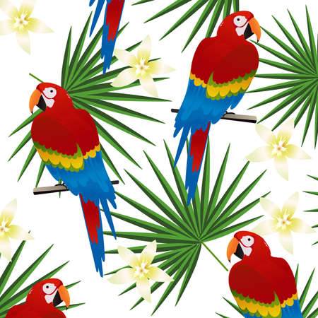 Tropical seamless pattern background with parrots and tropical leaves. Summer vector illustration design. Parrots background. Exotic background posterのイラスト素材