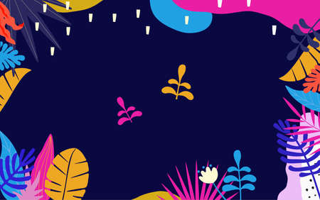 Tropical jungle leaves background. Colorful tropical poster design. Exotic leaves, plants and branches art print. Wallpaper, fabric, textile, wrapping paper vector illustration designのイラスト素材