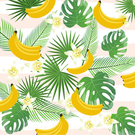 Tropical background with bananas, palm leaves and monstera. Summer vector illustration design....