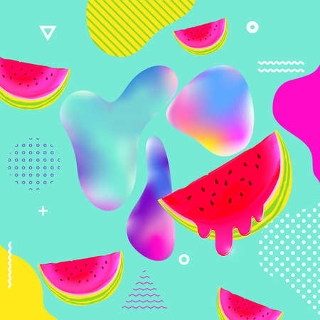 Fluid multicolored background with watermelon vector illustration. Fluid color cover design with geometric shapes and watermelons. Colorful food pattern texture. Template backgroundのイラスト素材