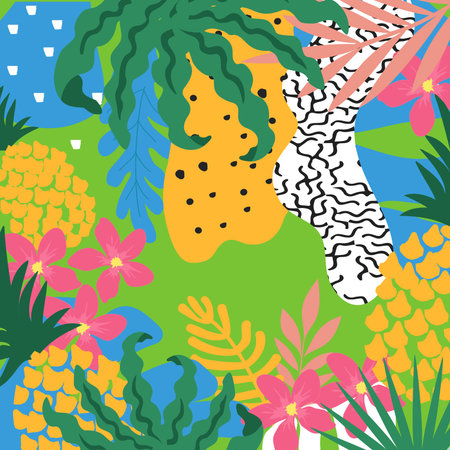 Tropical jungle leaves background. Tropical flowers poster design. Exotic leaves, plants, branches...