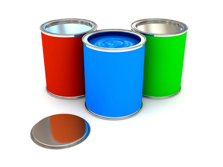 RGB color paint can over white. 3d rendered imageの写真素材