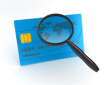 Credit Card with Magnifier over white background. Computer generated imageの写真素材