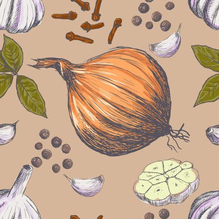 Hand drawn seamless set of organic spices. Vector illustrationのイラスト素材
