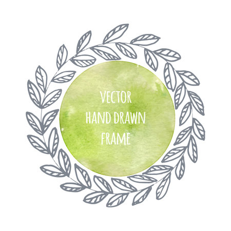 Hand drawn wreath set made in vector. Leaves garlands. Romantic floral design elements with watercolor green background.のイラスト素材