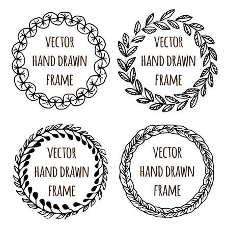 Hand drawn wreath set made in vector. Leaves garlands. Romantic floral design elements for flyer and broshure designのイラスト素材