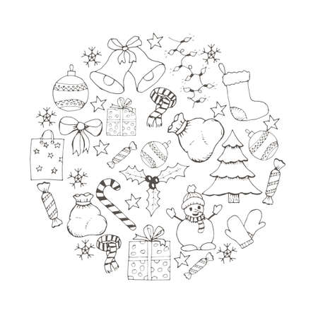 vector Christmas and new year hand drawn icons set. Doodle illustrationのイラスト素材