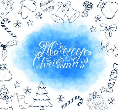 Merry Christmas poster with hand lettering and decoration elements. This illustration can be used as a greeting card, poster or print.のイラスト素材