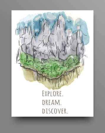 Travel concept hand drawn over green watercolor texture. Vacation backgroundのイラスト素材