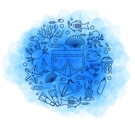 Diving icons set with fish and equipment. Vectorのイラスト素材