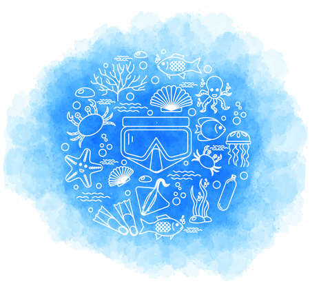 Diving icons set with fish and equipment. Vectorのイラスト素材
