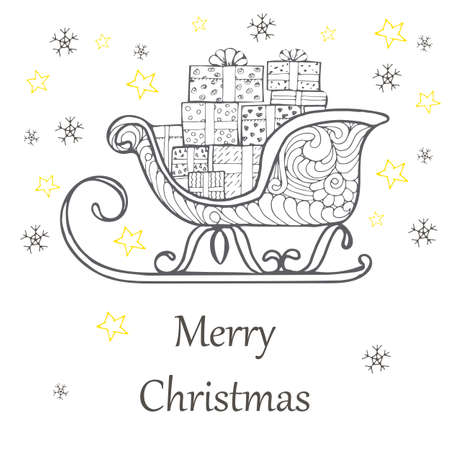 Christmas gift boxes decorated in a sleigh. Doodle illustration.のイラスト素材