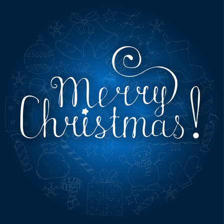 White christmas lettering on blue background with doodle hand drawn icons. vector illustrationのイラスト素材