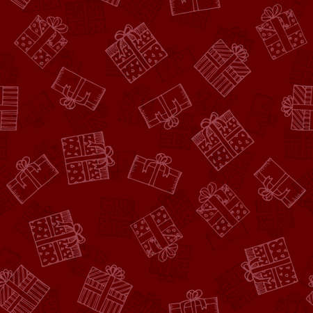 Hand drawn gifts with bows in cartoon style. Doodle seamless pattern with different presents.のイラスト素材