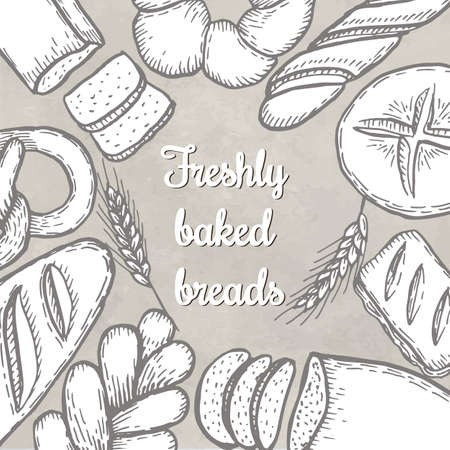 Hand drawn decorative fresh bread bakery . Vector Illustration.のイラスト素材