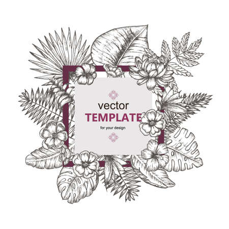 Tropical background with tropical leaves and flowers. Exoticのイラスト素材