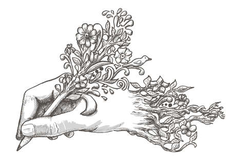 drawing hand with a flowering pencilのイラスト素材