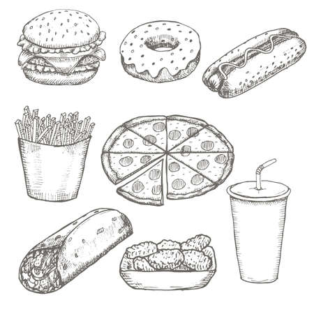 Fast food menu design set hand drawn vector illustration.のイラスト素材