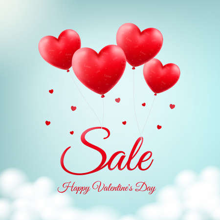 Vector design for St. Valentineâs Day. Heart-shaped red balloons in the sky as background for season sale and discountsのイラスト素材