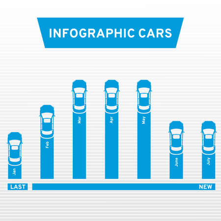 Flat graph with cars. Car racing info art cover. Marketing strategies using car to compare. Stock vector illustration.のイラスト素材