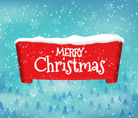 Winter red, ribbon banner on the background of snow. Sale tag in the snow. Merry Christmas label for the store. Realistic fabric banner. Stock vector illustration.のイラスト素材