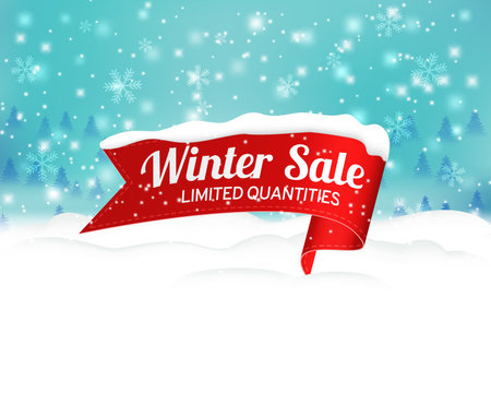 Winter red, ribbon banner on the background of snow. Sale tag in the snow. Winter label for the store. Realistic fabric banner. Stock vector illustration.のイラスト素材