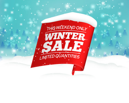 Winter red, ribbon banner on the background of snow. Sale tag in the snow. Winter label for the store. Realistic fabric banner. Stock vector illustration.のイラスト素材