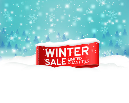 Winter red, banner on the background of snow. Sale tag in the snow. Winter label for the store. Realistic ribbon banner. Stock vector illustration.のイラスト素材
