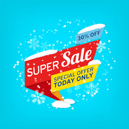 Winter vector banner for super sale. Sale tag in the snow. Geometric winter label for shop. Stock illustration.のイラスト素材