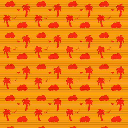 Vector yellow orange pattern from palms, sun, birds, coconuts, clouds. Background for books,...