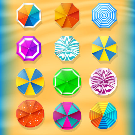 Collection Summer of parasols. Beach umbrellas top view icons. Travel agency design elements. Stock vector illustration.のイラスト素材