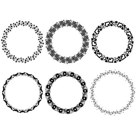 A set of vector round frames on a white background. Vintage design elements. Retro borders pattern collection isolated.のイラスト素材