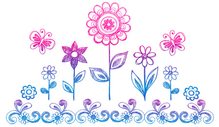 Sketchy Doodle Flower Garden Vector Illustrationのイラスト素材